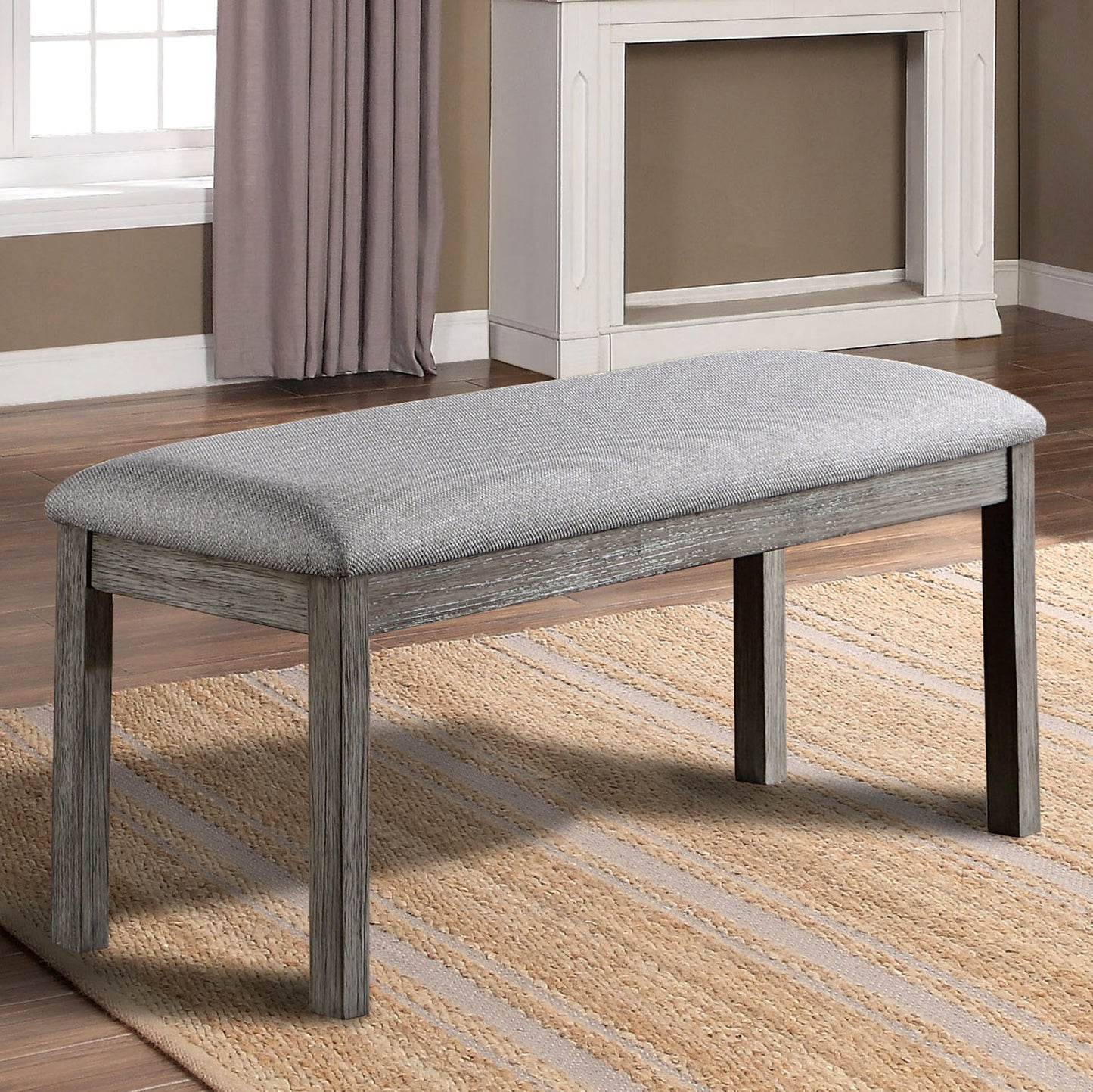 Dining Room Bench with Padded Fabric Seat Rubberwood Frame Rustic Modern Transitional Style 45in Gray