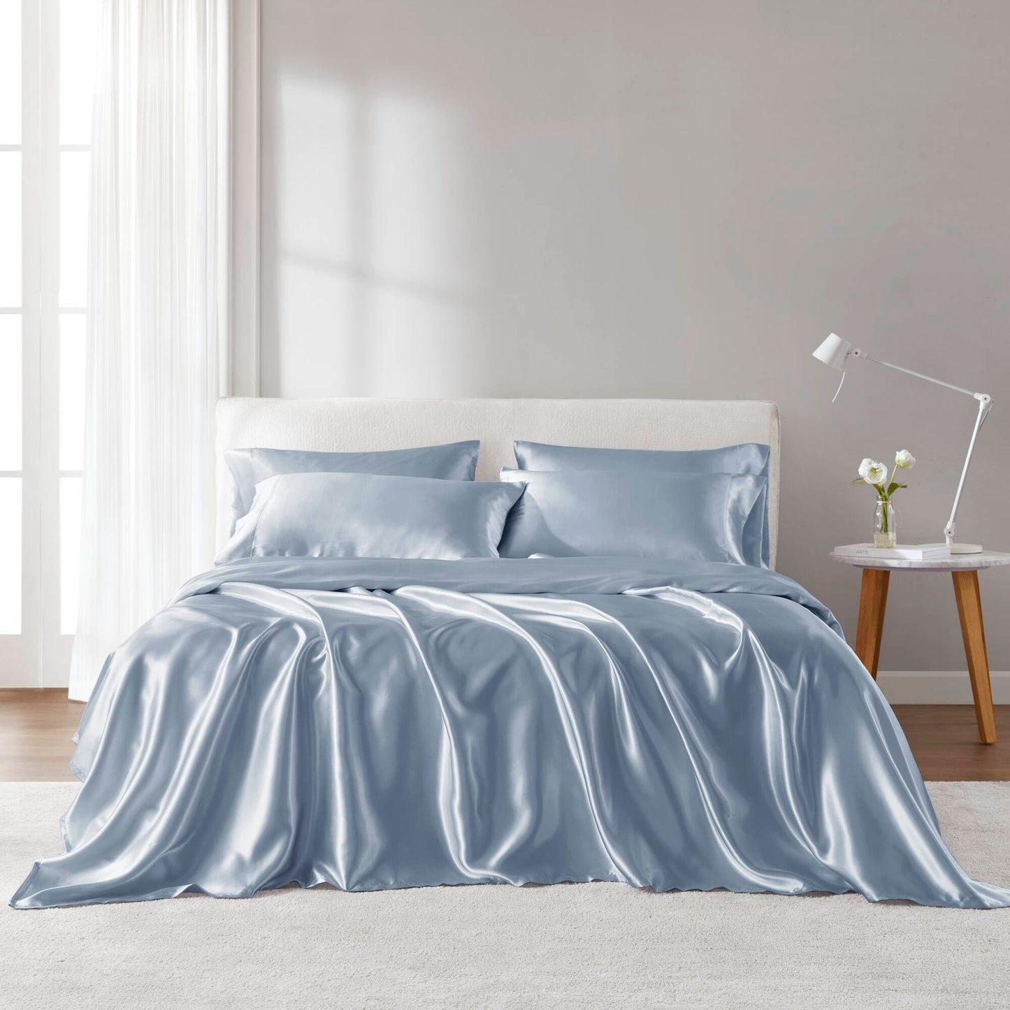 6-Piece Queen Satin Sheet Set, 100% Polyester, Wrinkle-Resistant, Fitted Up to 16-Inch Mattresses, Blue