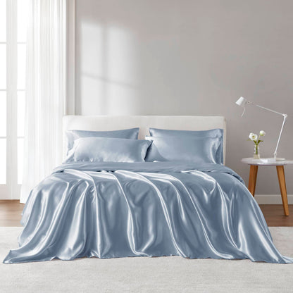 6-Piece Queen Satin Sheet Set, 100% Polyester, Wrinkle-Resistant, Fitted Up to 16-Inch Mattresses, Blue