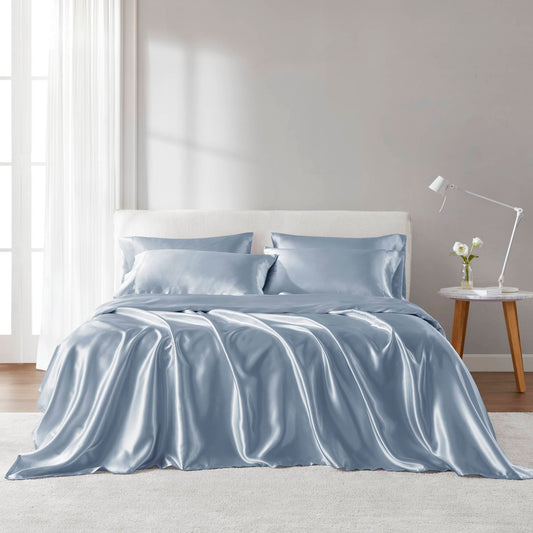 6-Piece Queen Satin Sheet Set, 100% Polyester, Wrinkle-Resistant, Fitted Up to 16-Inch Mattresses, Blue