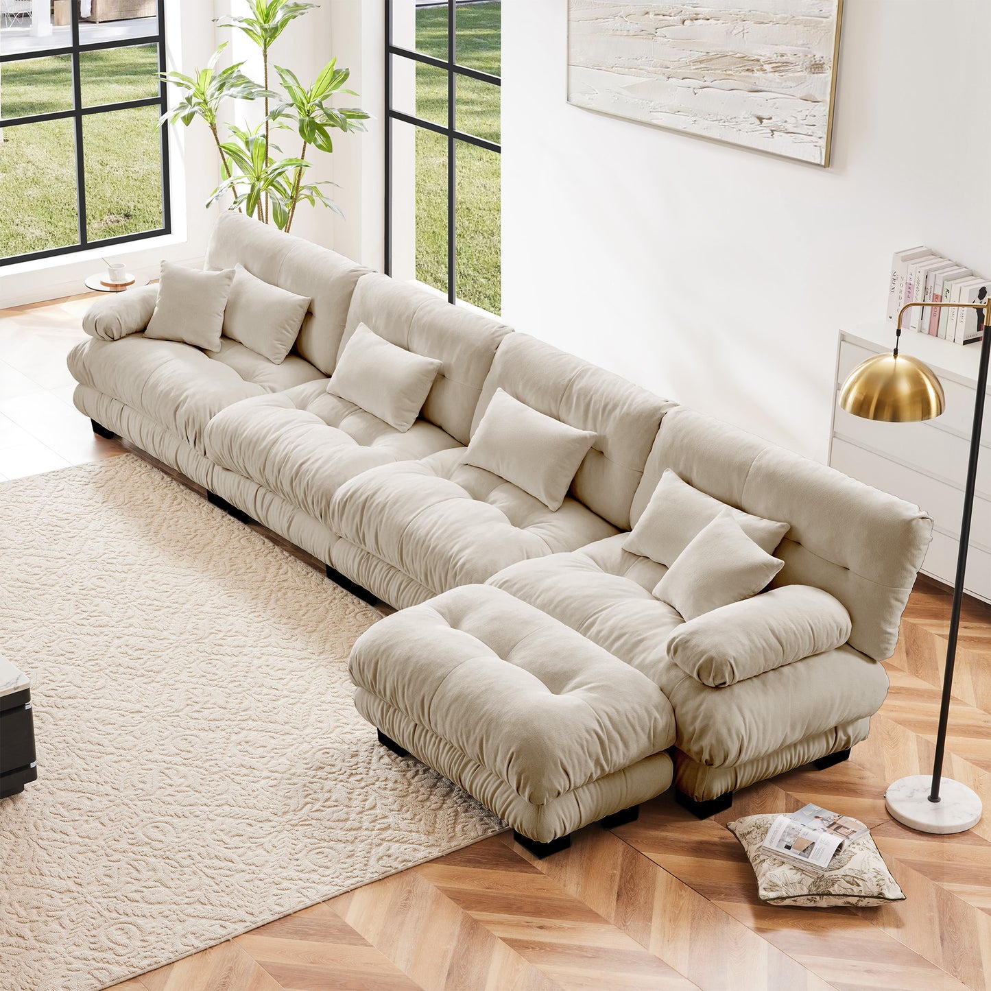 Modular L-Shaped Sectional Sofa, 4-Seater with Convertible Ottoman, Chenille Upholstery Light Coffee