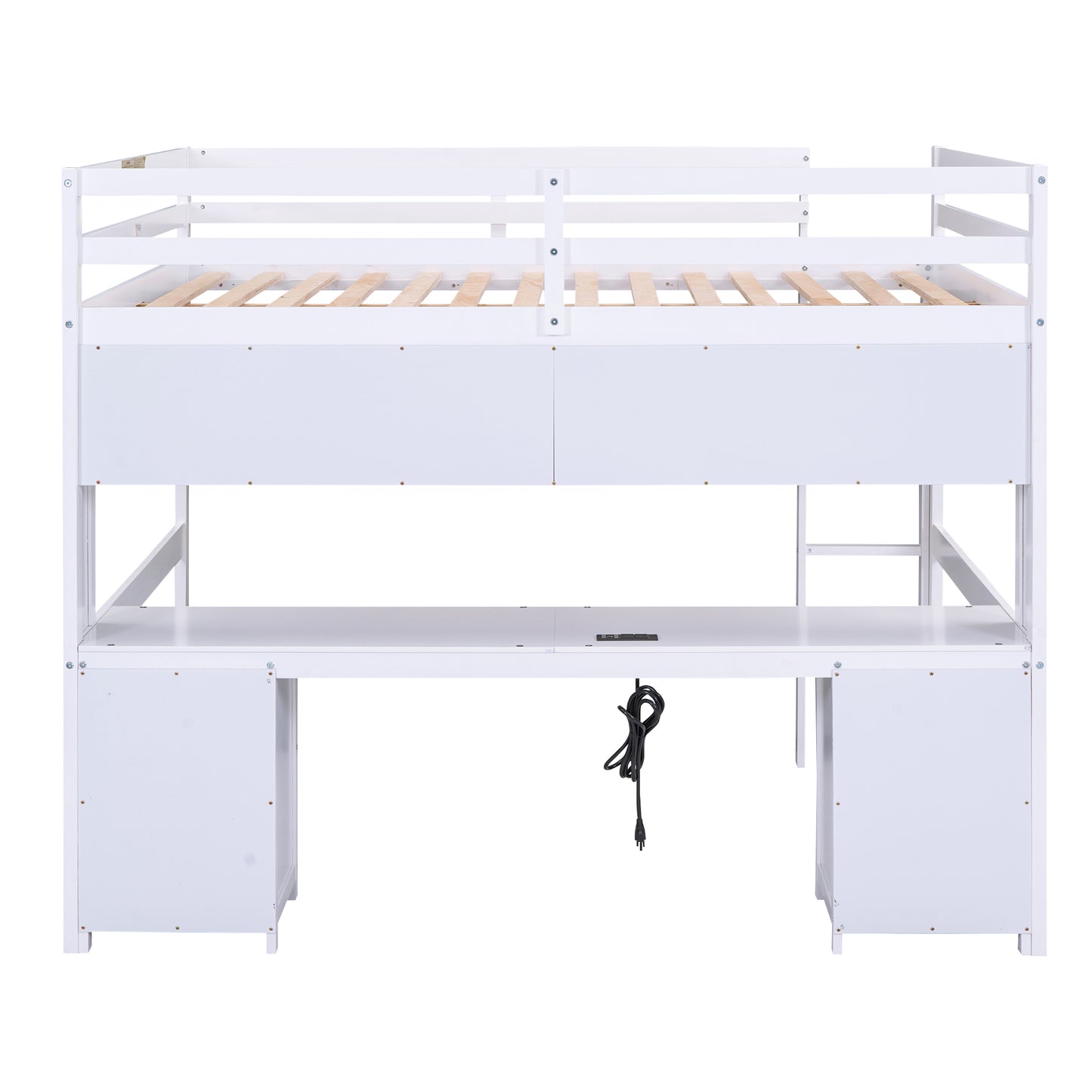 White Full Size Loft Bed with Integrated Desk, Storage Drawers, Bedside Tray, and Charging Station