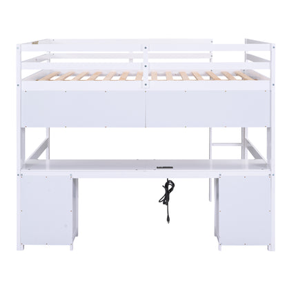 White Full Size Loft Bed with Integrated Desk, Storage Drawers, Bedside Tray, and Charging Station