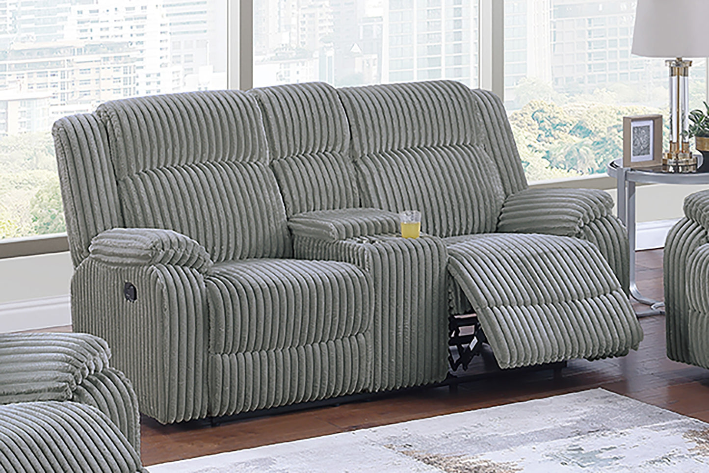 2-Seater Motion Reclining Loveseat with Center Console, Corduroy Upholstery, Contemporary Smoke