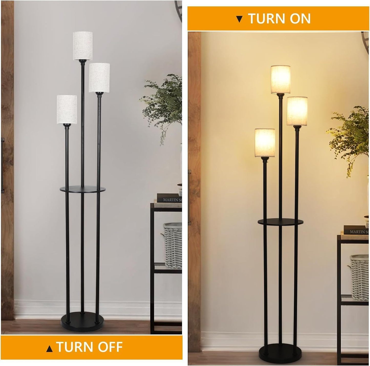 3-Light Floor Lamp with Shelves, Industrial Modern Floor Lamp, Linen Shade, Foot Pedal, 66in Black