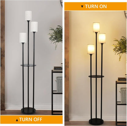 3-Light Floor Lamp with Shelves, Industrial Modern Floor Lamp, Linen Shade, Foot Pedal, 66in Black