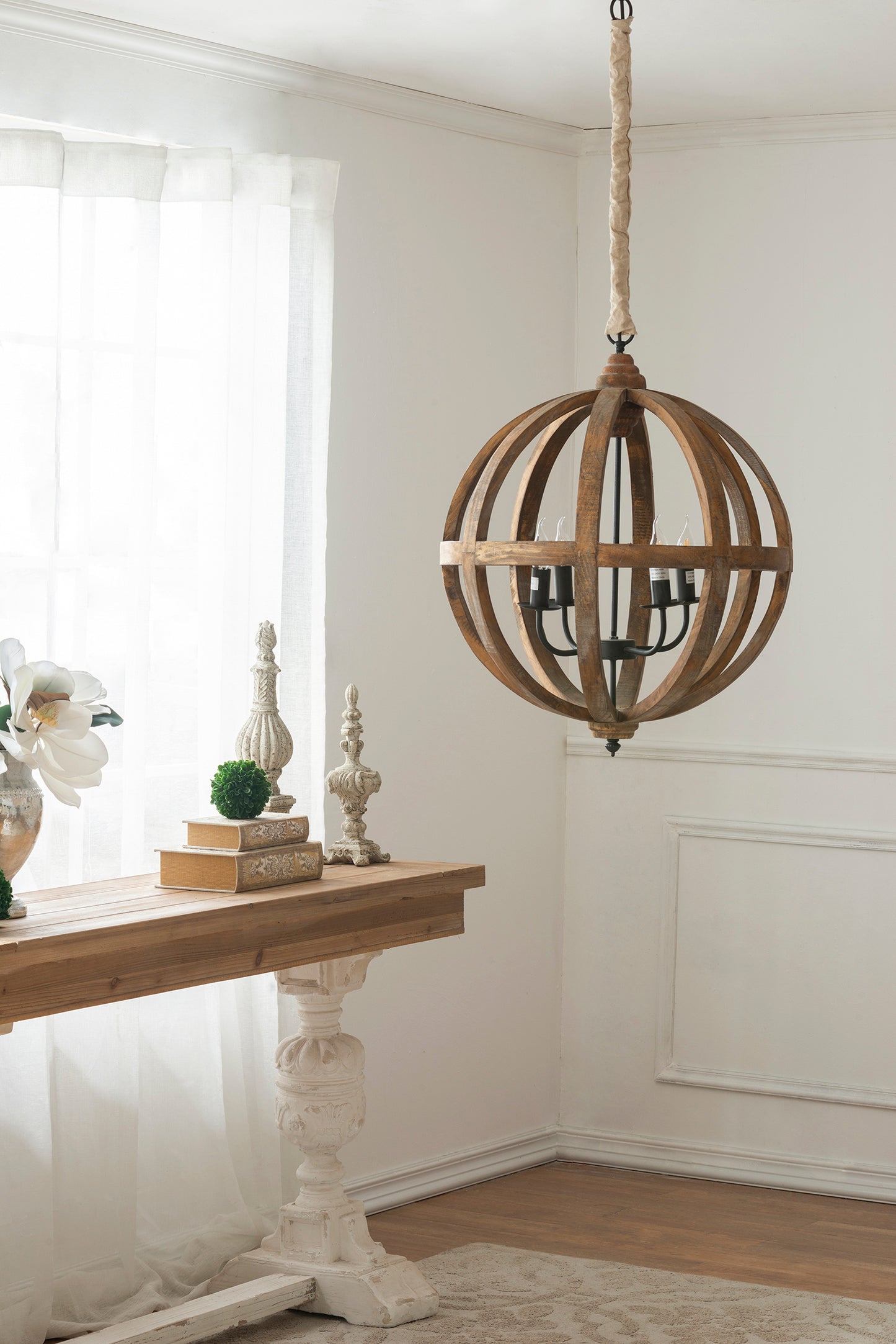 4-Light Wood Chandelier with Adjustable Chain for Kitchen, 22x22x29 in, Bulbs Not Included, Brown Finish