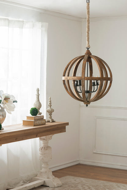 4-Light Wood Chandelier with Adjustable Chain for Kitchen, 22x22x29 in, Bulbs Not Included, Brown Finish