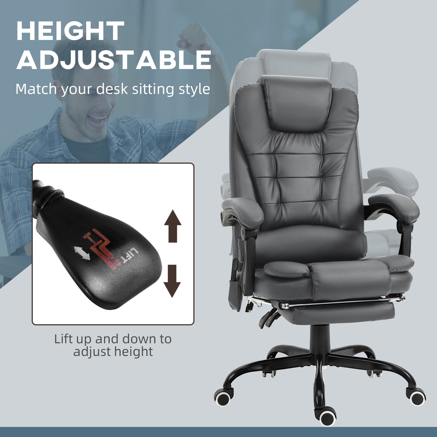 Gray Reclining Office Chair with 7-Point Vibrating Massage and Adjustable Features
