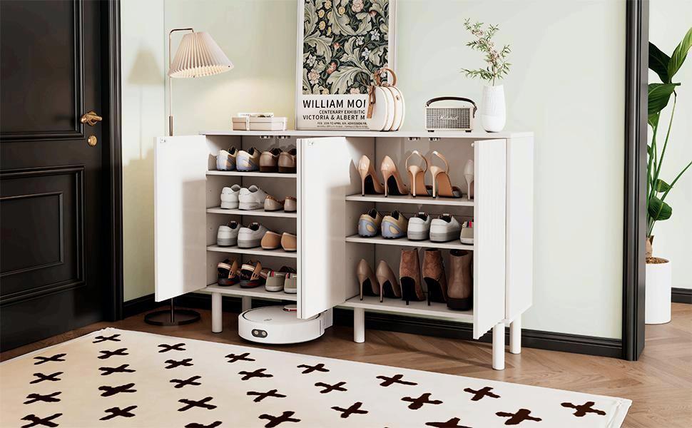 ON-TREND Minimalist Shoe Cabinet with 5 Solid Wood Legs, Cream Style Sideboard Buffet Cabinet with Fluted Doors, Large 4-Door Storage Cabinet with Adjustable Shelves for Living Room, White, 55.1*13.7"