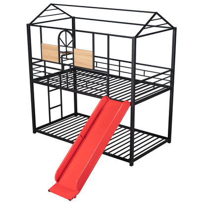 Twin Over Twin Metal Bunk Bed with Fun Slide – Available in Three Chic Colors (Black/Red, Black/Black, White/White)