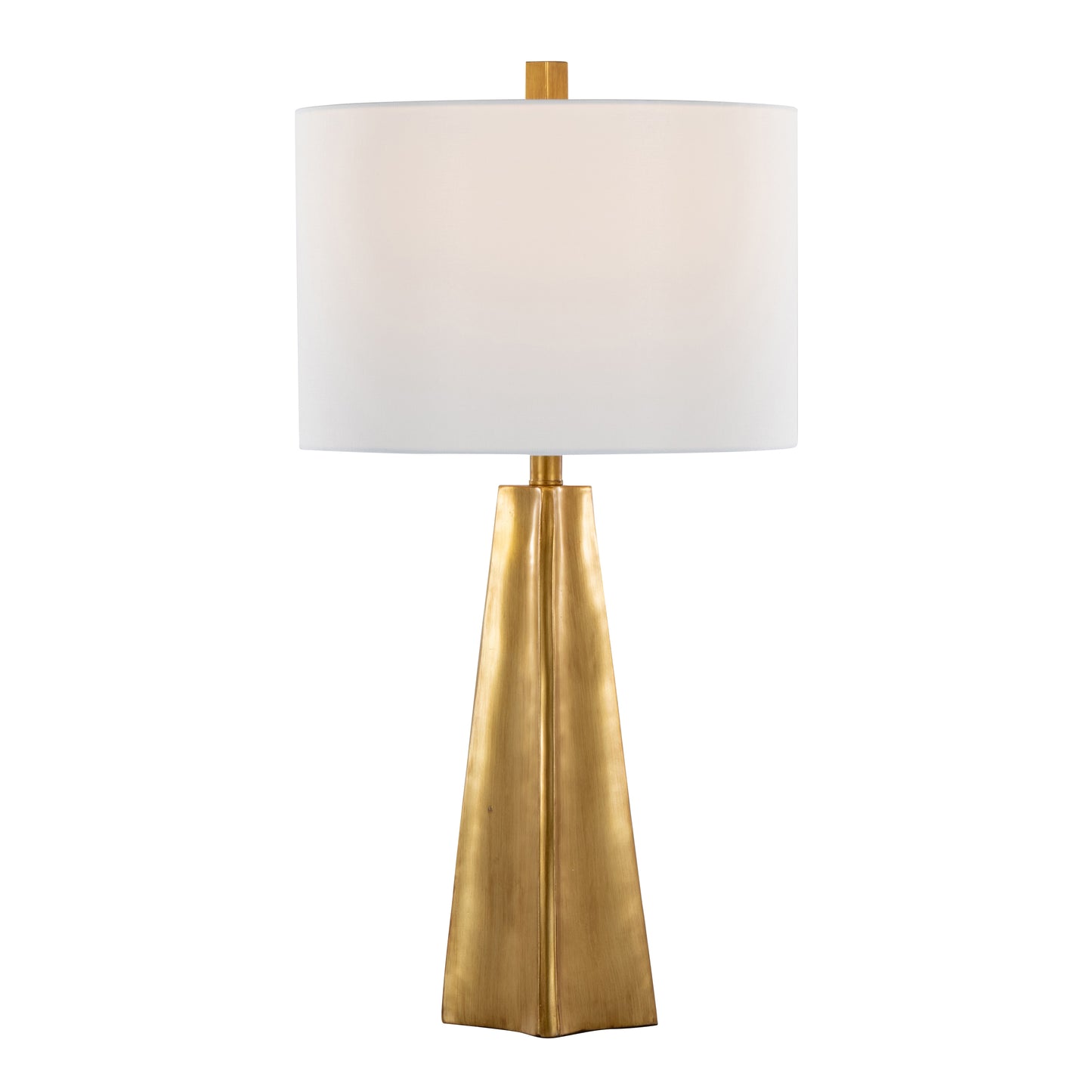 Contemporary 29-Inch Polyresin Table Lamp: Pyramid Base, White Linen Shade, Glam Art Deco Indoor Use Gold