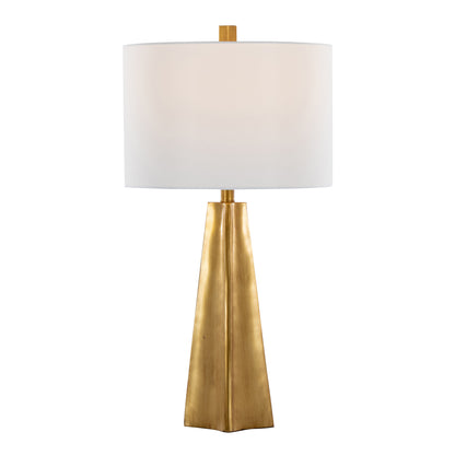 Contemporary 29-Inch Polyresin Table Lamp: Pyramid Base, White Linen Shade, Glam Art Deco Indoor Use Gold
