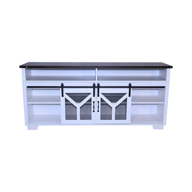 65-Inch TV Stand with LED Lights, Iron Mesh Barn Doors, Y-Accent, Fits 75-Inch TVs, White + Black Walnut