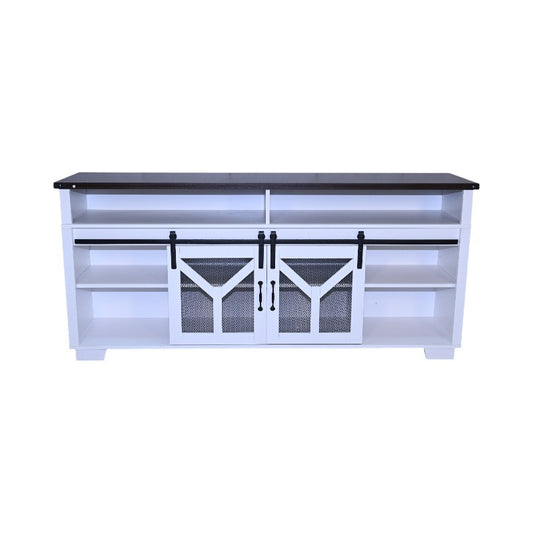 65-Inch TV Stand with LED Lights, Iron Mesh Barn Doors, Y-Accent, Fits 75-Inch TVs, White + Black Walnut