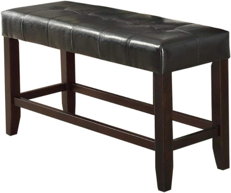 Counter Height 48in Dining Bench, Faux Leather Tufted Seat, Rubberwood Base, Farmhouse Dining Room Black Brown Finish