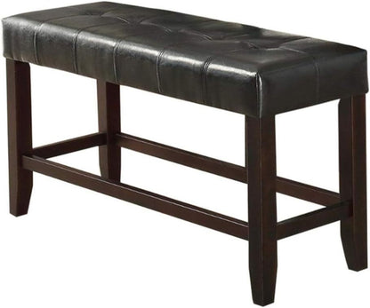 Counter Height 48in Dining Bench, Faux Leather Tufted Seat, Rubberwood Base, Farmhouse Dining Room Black Brown Finish