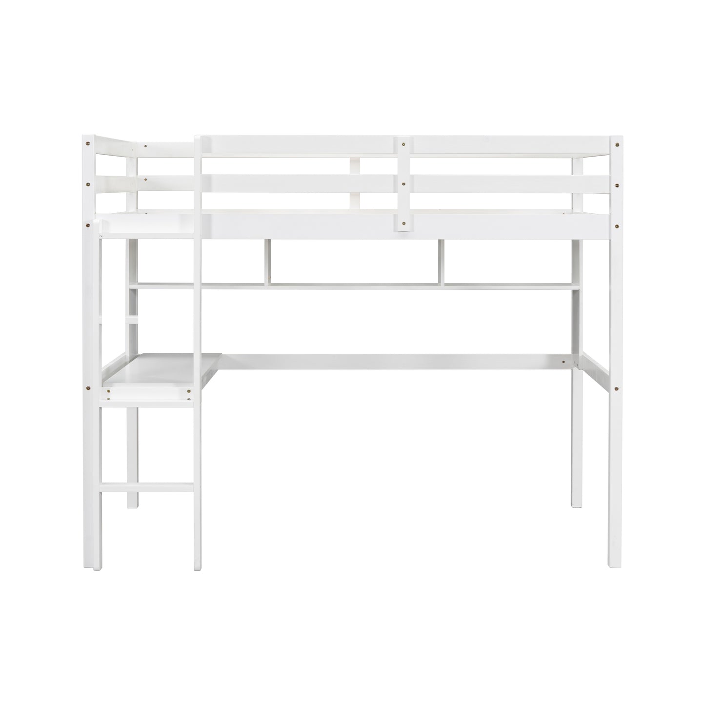 Twin Loft Bed with Integrated Desk and Shelves, Safety Guardrails, and Ladder in White