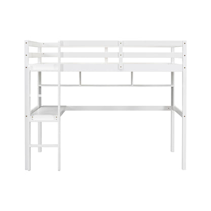 Twin Loft Bed with Integrated Desk and Shelves, Safety Guardrails, and Ladder in White
