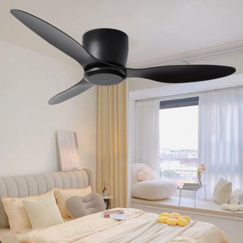 52in Flush Mount Ceiling Fan, Remote, 6-Speed DC Motor, Reversible 3-Blade, Low-Profile No-Light Black