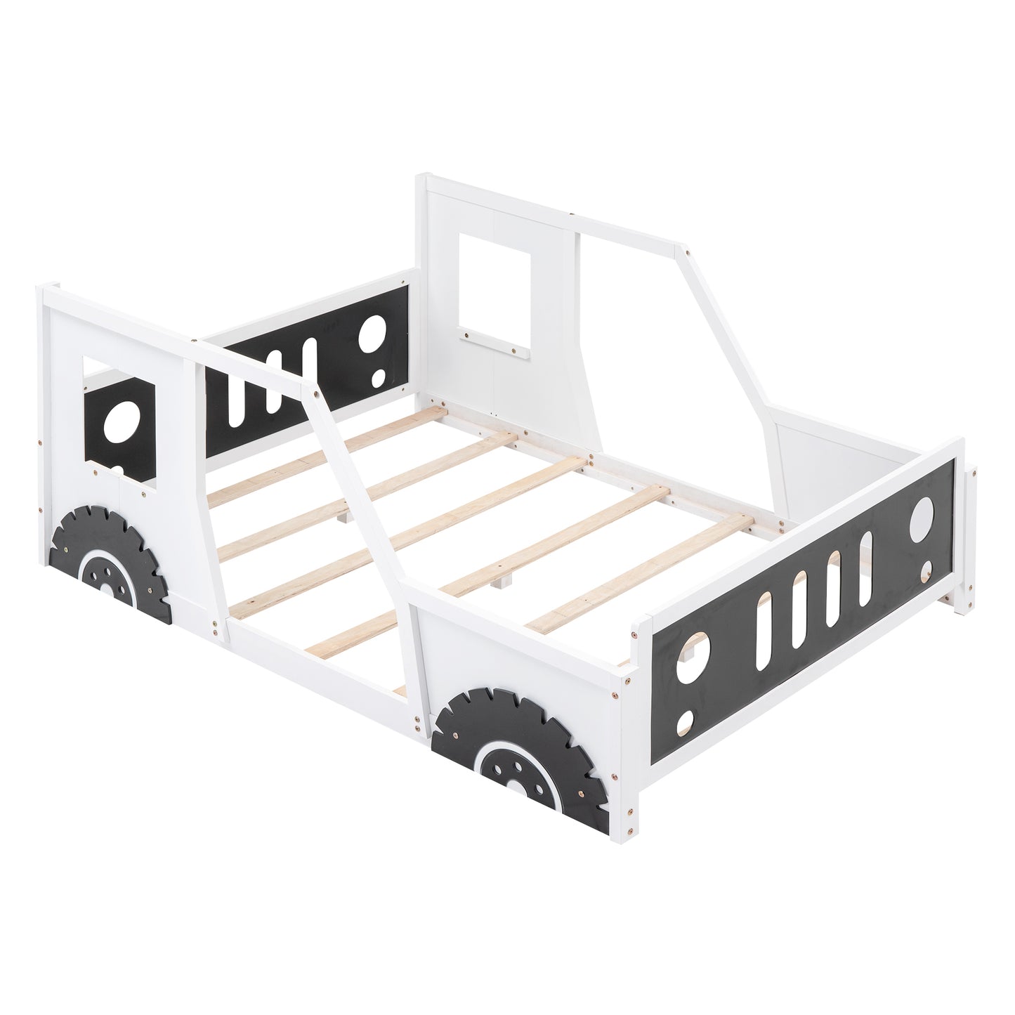 Classic Car-Themed Full Size Platform Bed with Wheels in White
