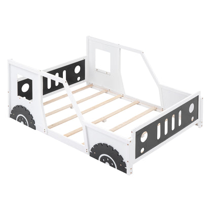 Classic Car-Themed Full Size Platform Bed with Wheels in White