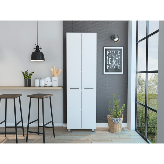 Modern White Pantry Cabinet with Five Shelves and Four Legs