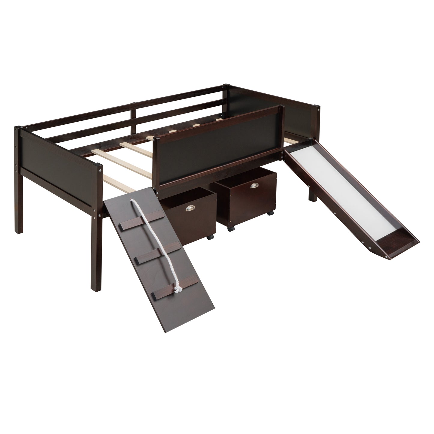 Espresso Twin Loft Bed with Slide and Storage Bins