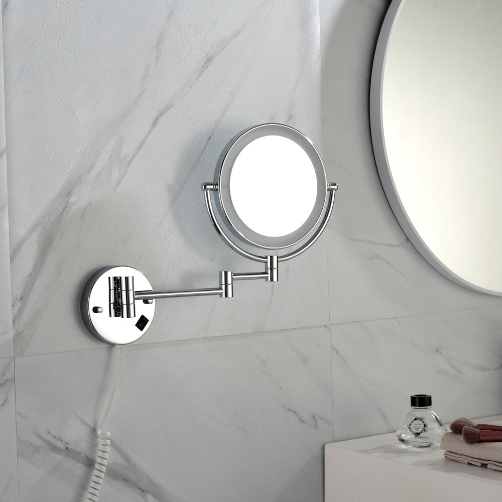 Dual-Sided 8-Inch LED Magnifying Vanity Mirror with 12-Inch Chrome Extension and 360-Degree Rotation