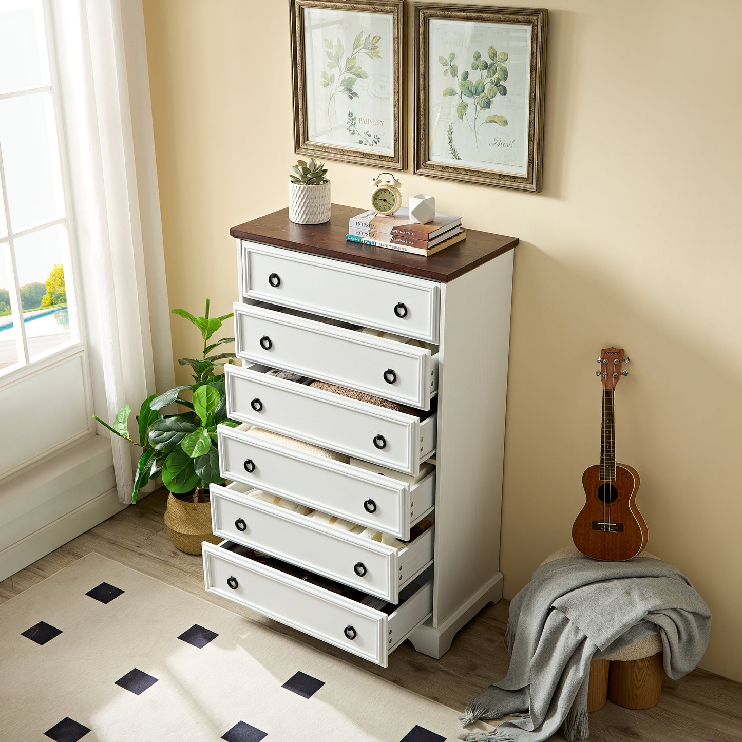 Elegant White 6-Drawer Tall Dresser for Bedroom and Living Room - Spacious Storage Solutions with Smooth Gliding Drawers and Stylish Design