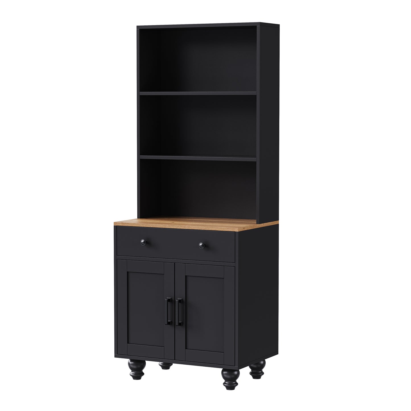 Elegant Black Farmhouse Storage Cabinet with Adjustable Shelves and Gourd-Shaped Legs, Versatile Kitchen Pantry and Bookshelf Solution