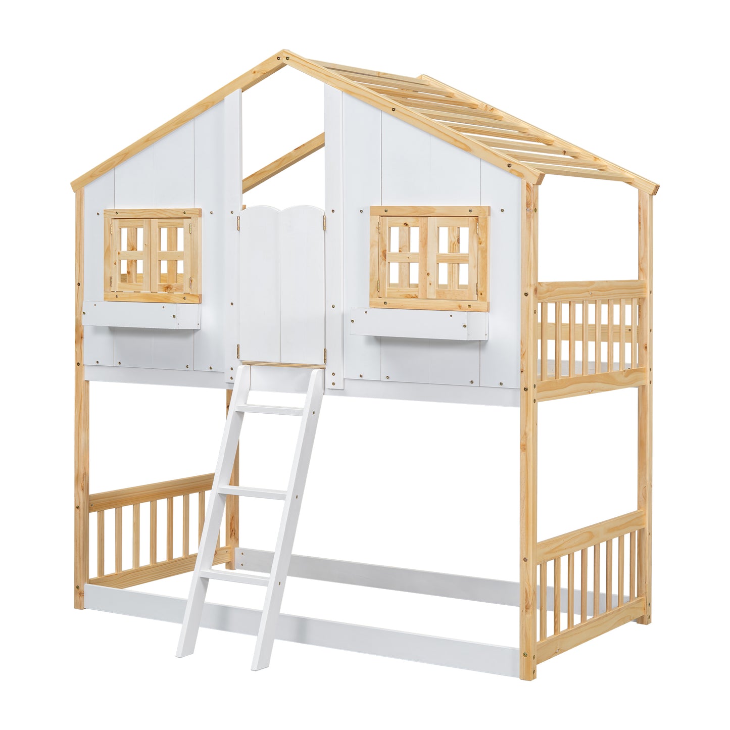 Twin House Bunk Bed for Kids with Roof, Windows, and Safety Features - Natural/White Finish