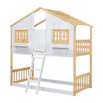 Twin House Bunk Bed for Kids with Roof, Windows, and Safety Features - Natural/White Finish