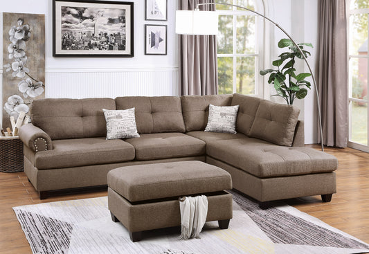 Contemporary 3-Piece Sectional Sofa with Reversible Chaise, Storage Ottoman, Tufted Cushions Mocha
