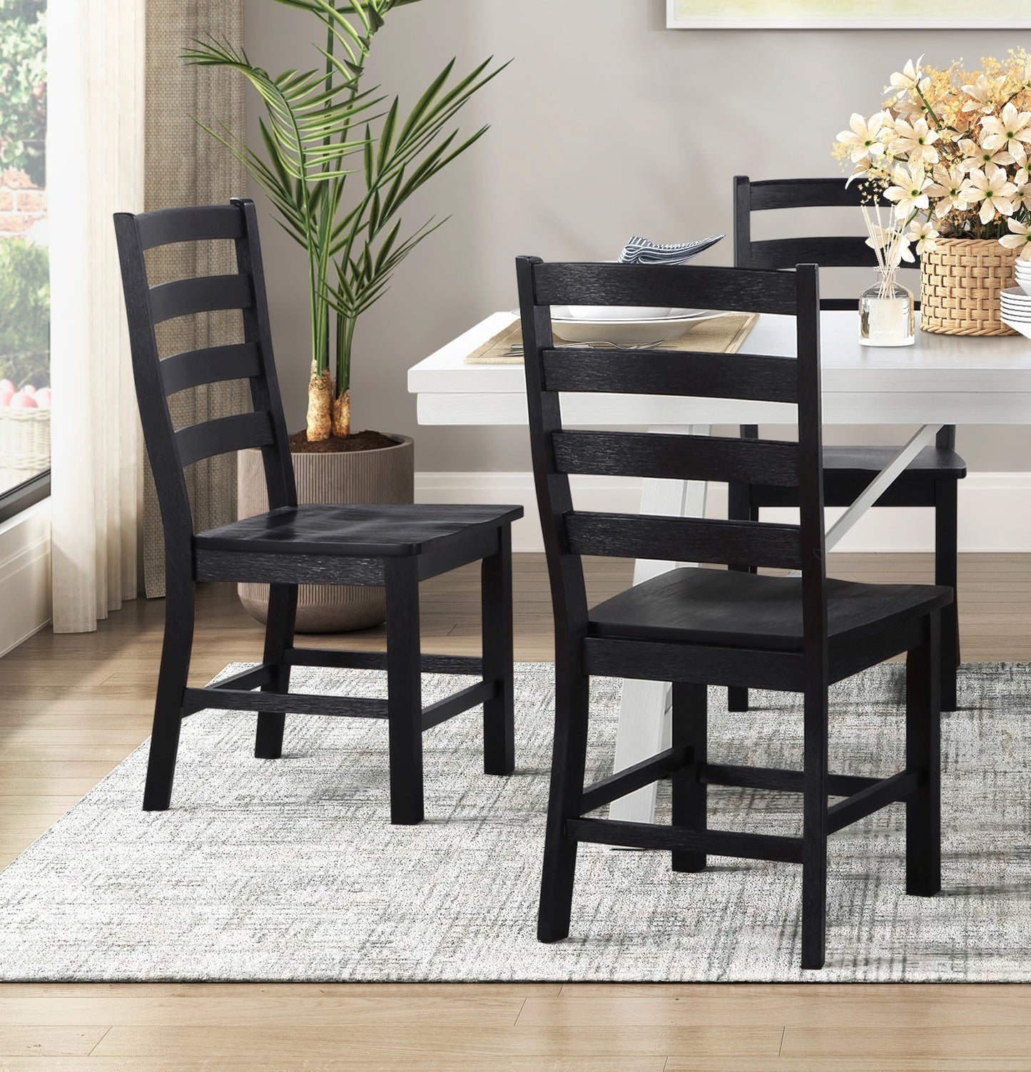 Set of 2 Dining Side Chairs, 18W x 21.5D x 38.5H, Oak Veneer Wood, Casual Farmhouse Style, Black Finish
