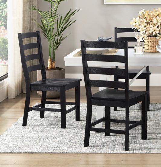 Set of 2 Dining Side Chairs, 18W x 21.5D x 38.5H, Oak Veneer Wood, Casual Farmhouse Style, Black Finish
