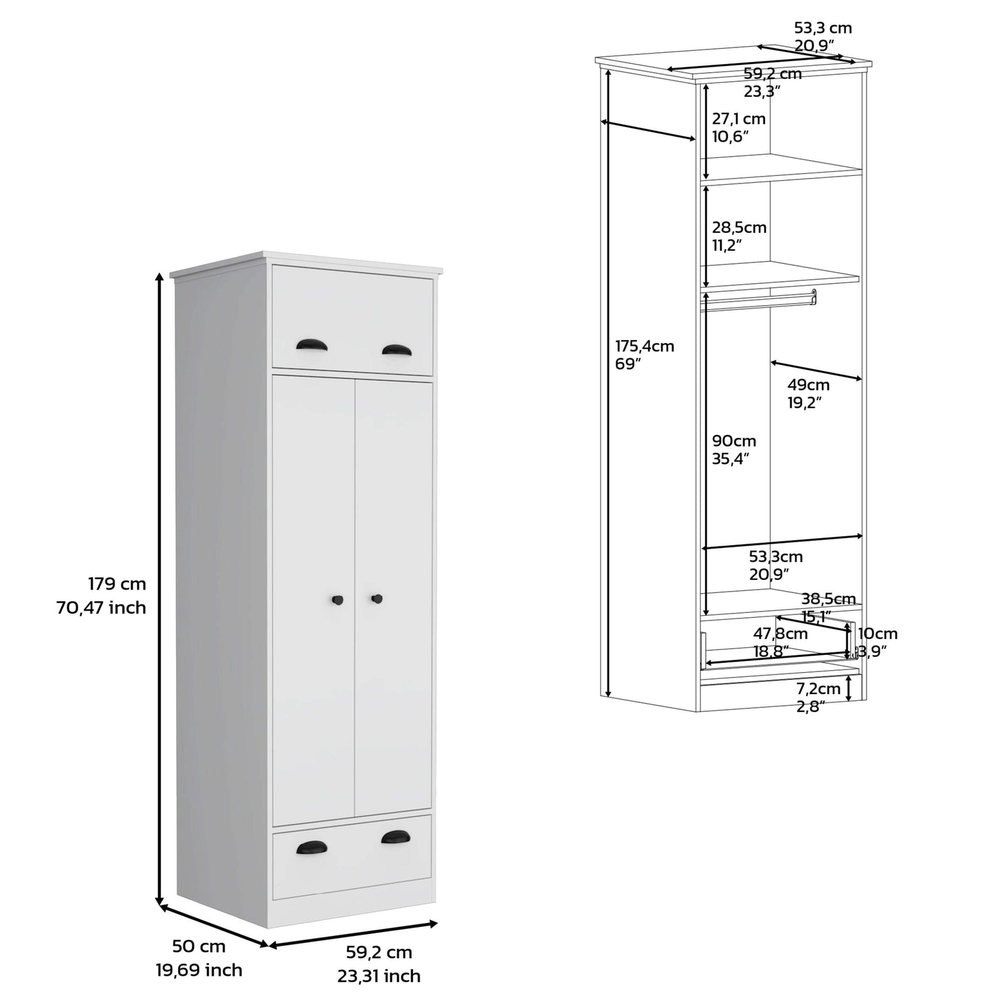 Dresser-closet with upper storage covered with 1 door, 2 central shelves, 1 tube for hanging clothes covered by 2 doors, 1 drawer at the bottom, White