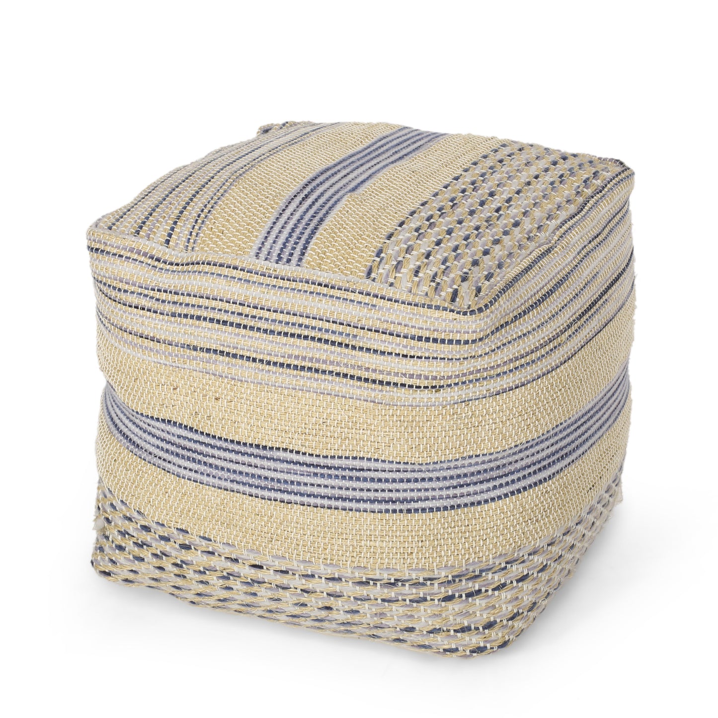 Western Handcrafted Fabric Pouf, Durable Natural Blue Wool Blend, 16x16 Inches