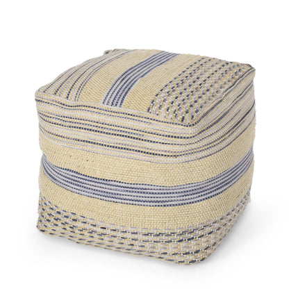 Western Handcrafted Fabric Pouf, Durable Natural Blue Wool Blend, 16x16 Inches