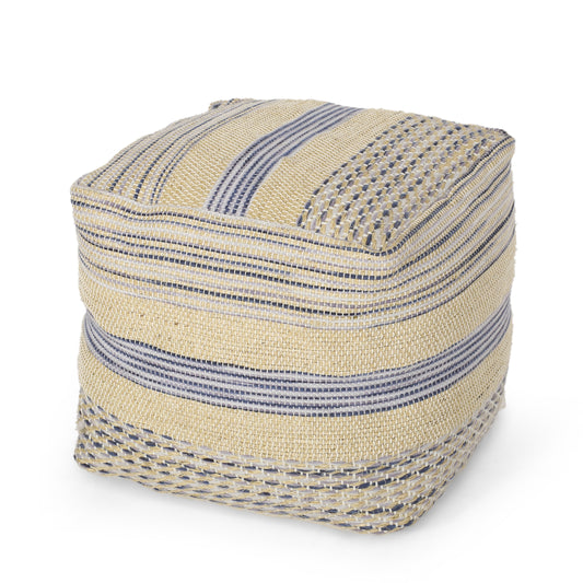 Western Handcrafted Fabric Pouf, Durable Natural Blue Wool Blend, 16x16 Inches