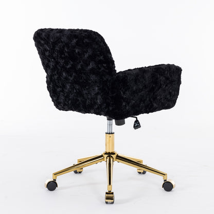 Elegant Black Upholstered Office Chair with Golden Metal Base, Adjustable Swivel Design, Ideal for Home and Vanity Use