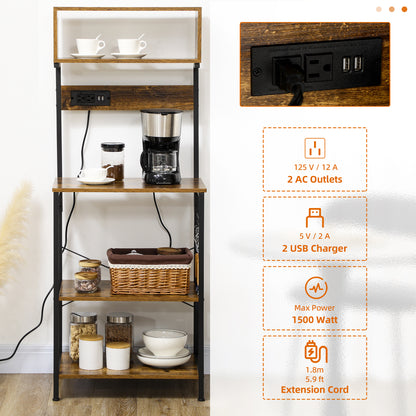 Rustic Brown Kitchen Bakers Rack with Power Outlet, USB Charging, Adjustable Shelves, and Coffee Bar Functionality