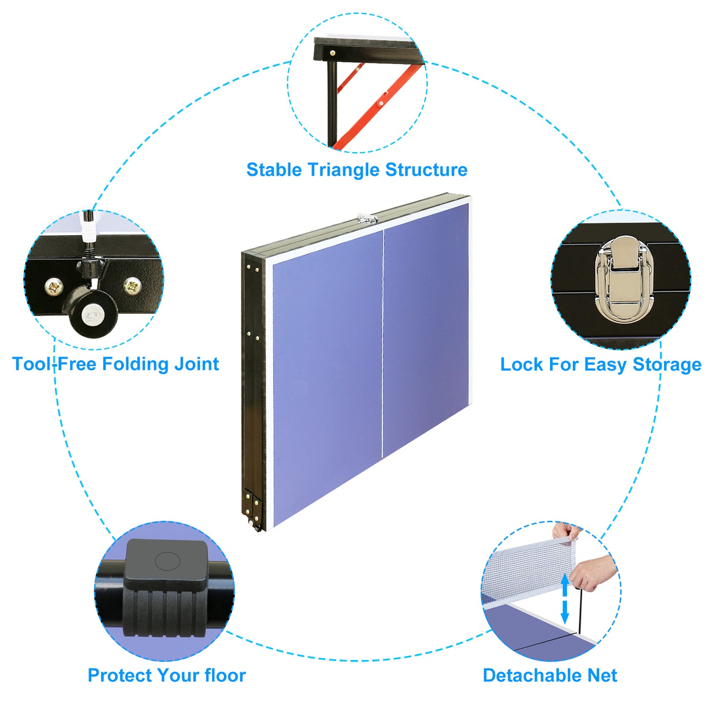 Foldable Table Tennis Table 54x30'' Playing Surface 0.5'' MDF Top, Net & 2 Paddles Indoor/Outdoor Blue