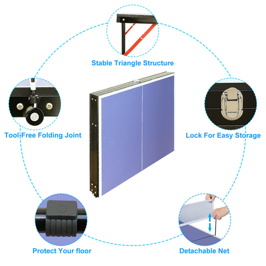 Foldable Table Tennis Table 54x30'' Playing Surface 0.5'' MDF Top, Net & 2 Paddles Indoor/Outdoor Blue