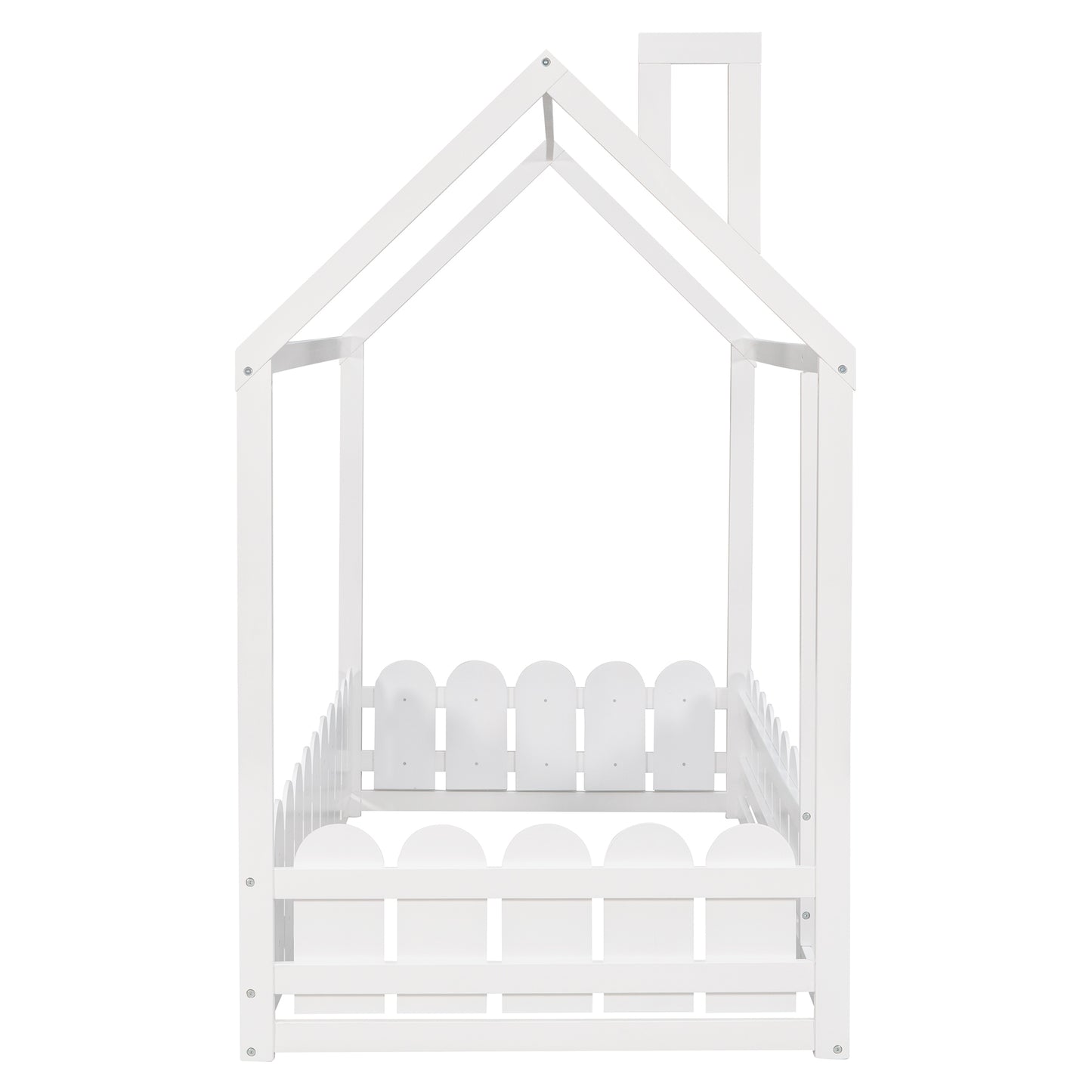 Twin Size Wooden House Bed Frame with Fence - Creative Sleep & Play Space for Kids, Teens, and Children - White Finish