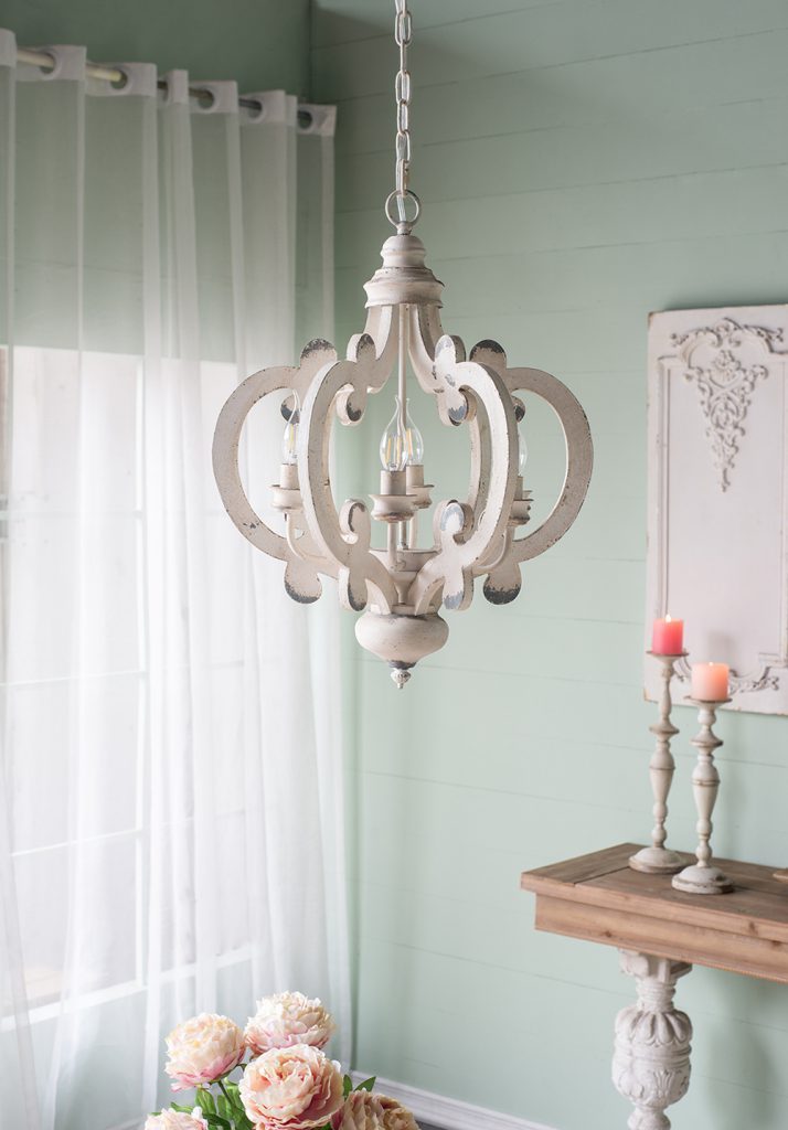 French Country 6-Light Wood Chandelier with Adjustable Chain, Bulbs Not Included, Whitewashed Beige