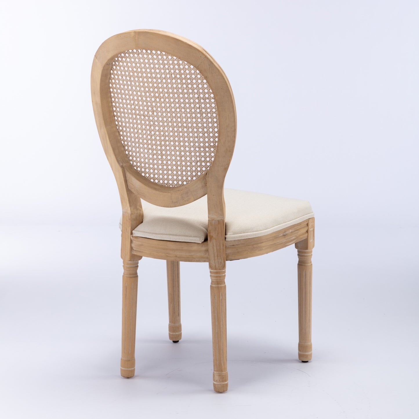 French-Style Solid Wood Dining Chair Set of 2, Linen, Rattan Back, Foam & Steel Spring Cushions, Beige