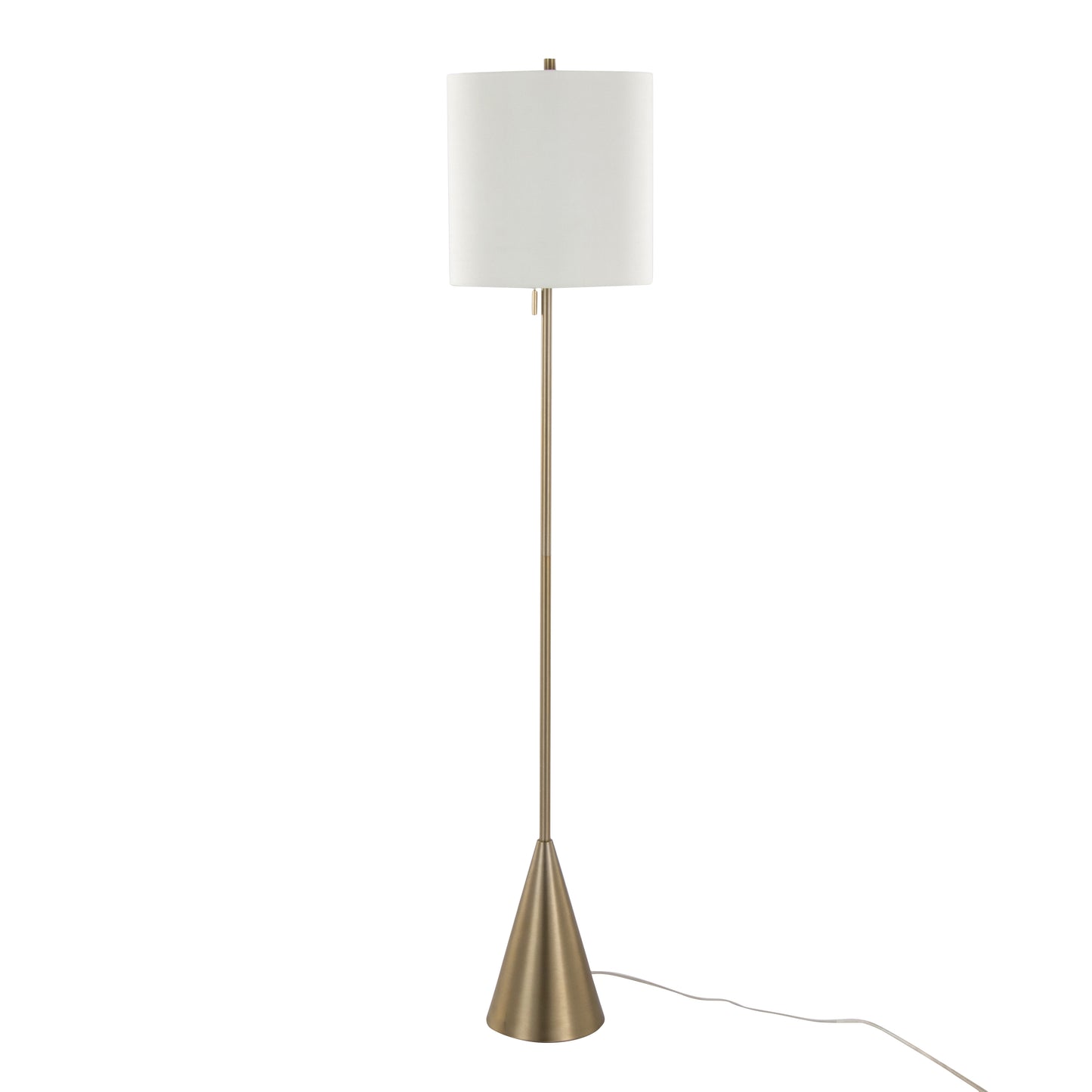 64-Inch Contemporary Cone Floor Lamp, Metal with White Linen Shade, Pull Chain, Indoor, UL Listed, Gold