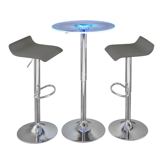 Contemporary Adjustable Bar Set, 3-Piece with Light-Up Tabletop, Metal and Acrylic Finish Grey