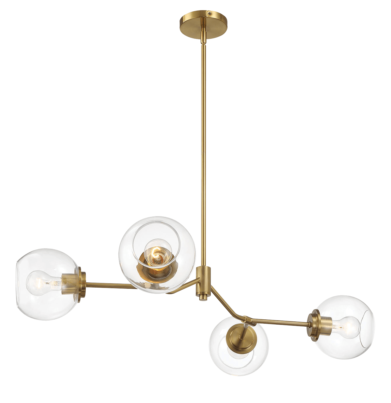 Four-Light Modern Farmhouse Chandelier for Kitchen Island and Dining Room, 36in L x 20in W x 7.25in H, Brass Frame, Clear Glass